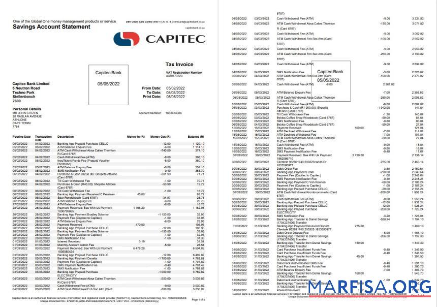 Printable South Africa Capitec bank savings account statement word 4 pages example